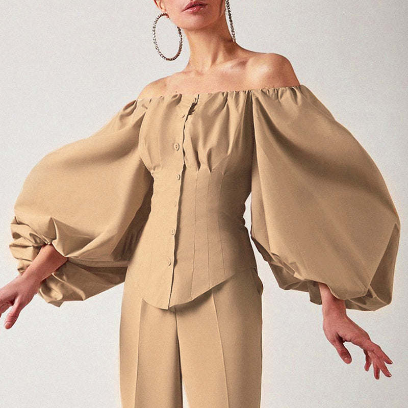 Gloria Vanderbilt Sexy off-the-Shoulder Shirt Long-Sleeved Bubble Sleeve