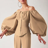 Gloria Vanderbilt Sexy off-the-Shoulder Shirt Long-Sleeved Bubble Sleeve