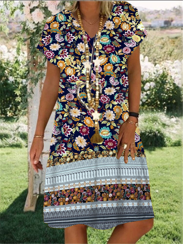 Gypsy Style Dresses Pastoral Floral Print Loose V-neck