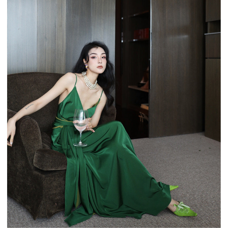 Emerald Green Dress Casual Green V-neck Backless Sling