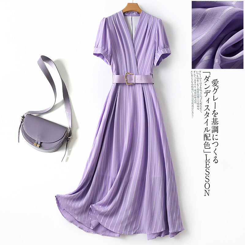MIDI Mauve Wrap Dress Striped Dress Summer V-neck Midi Dress