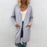 Women Cardigan Knit Sweater Autumn and Winter Mid-Length Solid Color Pocket Knitted Cardigan Jacket