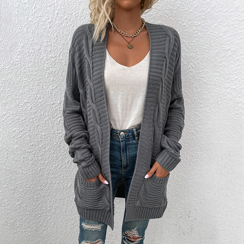 Women's Cardigan Knit Sweater Women's Mid-Length Cardigan for Autumn and Winter