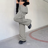 Julia Fox Low Rise Jeans Simple Fake Two-Piece Drawstring Trousers Casual Straight-Leg Pocket Overalls