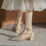 Nude Low Block Heel Pointed Toe Buckle Strap Rhinestone