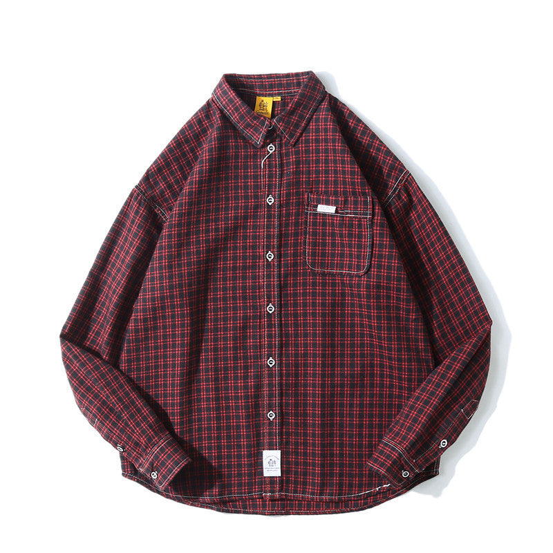 Man Fall Outfis Retro Small Plaid Overalls Long Sleeve Shirt Men and Women Street Loose BF Shirt Coat