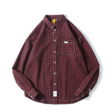 Man Fall Outfis Retro Small Plaid Overalls Long Sleeve Shirt Men and Women Street Loose BF Shirt Coat