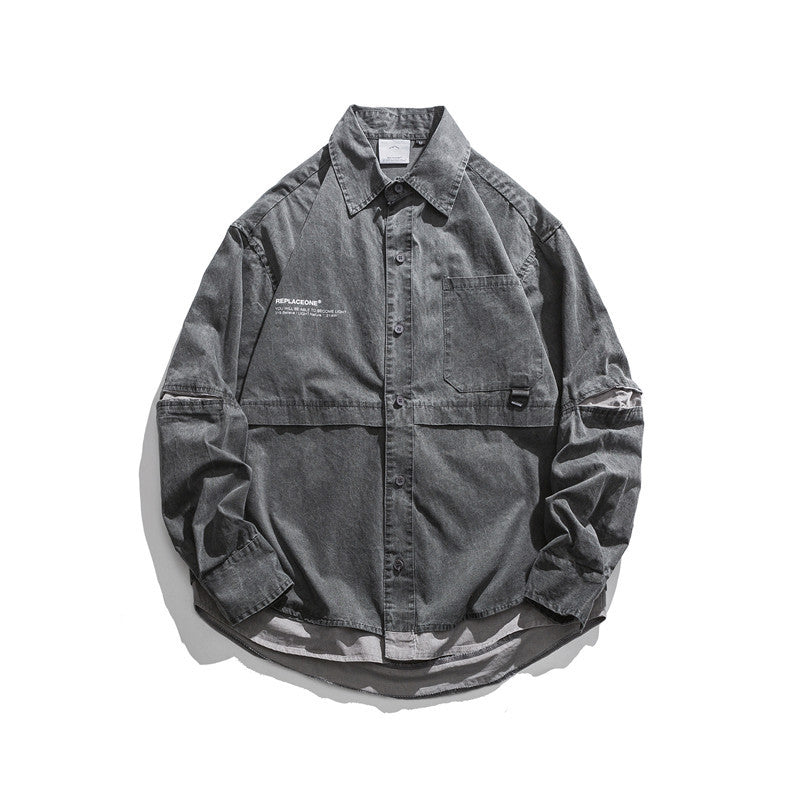 Man Fall Outfis Autumn Vintage Solid Color Workwear Shirt Male Street Loose Casual Top