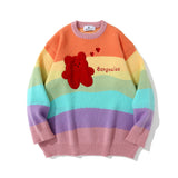 Men Sweater Bear Embroidery Rainbow Striped Knitwear Men's Pullover