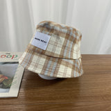 Vintage Check Bucket Hat Letter Plaid Patch