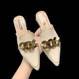 Finn Chain Pointed Toe Mule Slippers Female Summer Outer Wear Pointed Toe Pump Mid Heel Slippers