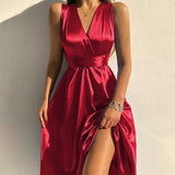Taffeta Dress Solid Color Lace-Up Sexy Backless Evening Dress