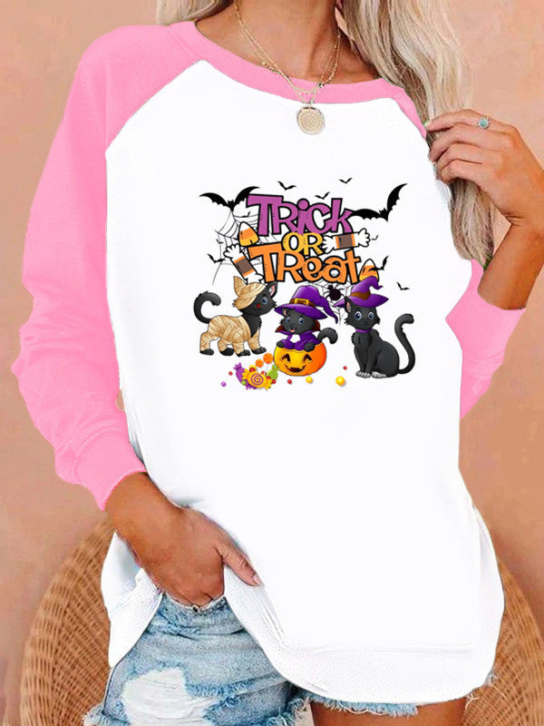 Halloween Costumes Pattern Printing Capless round Neck Contrast Color Sweatshirt Female
