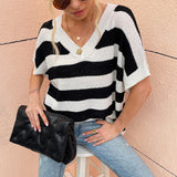 Women Pullover Knit Sweater Women's Autumn V-neck Striped Short Sleeve Sweater