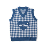 Men Sweater Love Embroidered Plaid Knitted Vest Men's Sweater Coat