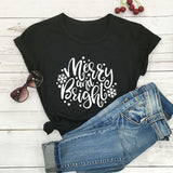 Merry and Bright Sweatshirts Christmas Merry and Bright Letter Printed round Neck Short Sleeve T-shirt