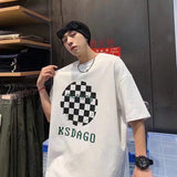 Men T-Shirts Loose Round Neck Chessboard Plaid Half Sleeve