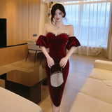 Blue Velvet Dress Sexy Puff Sleeve Back Slit Sheath Tube Top