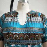 Romany Gypsy Outfits Printed Short Sleeve V-neck Summer Spring Loose Bohemian Style Pleated Dress