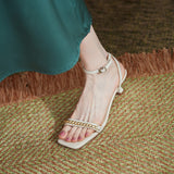 Nude Low Block Heel Sandals Ankle-Strap Stilettos