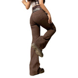 Julia Fox Low Rise Jeans Double-Sided Irregular Pocket Low Waist Slim Fit Bell-Bottom Pants Denim Casual Trousers
