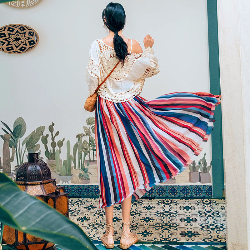 Coachella Music Festival Outfits High Waist Slimming Rainbow Striped Pleated Mid-Length Skirt