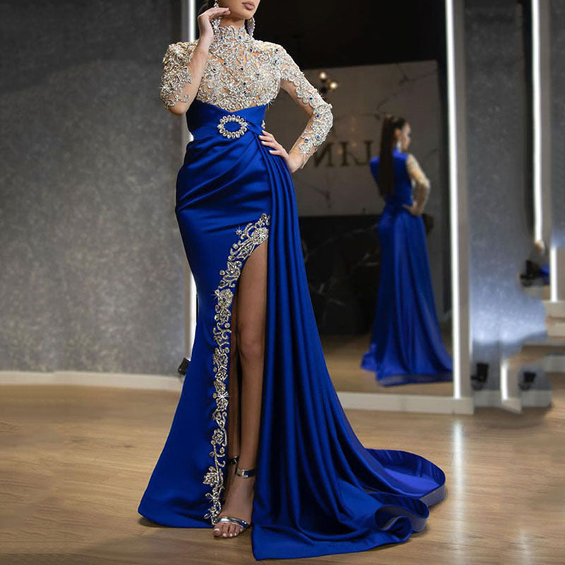 Long Homecoming Dresses Women's Blue Gold round Neck Dress Long Dress Women