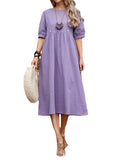 MIDI Mauve Cocktail Dress Pullover Solid Color Loose Cotton Hemp Dress
