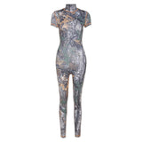 Summer women's fashion printed short-sleeved hip-lifting sports jumpsuit women