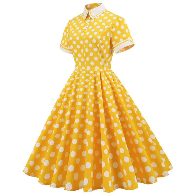 Regency Dress Royal Court Style Fresh Trim Contrast Color Turtleneck Yellow with Polka Dots Mid-Length Large Swing