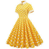 Regency Dress Royal Court Style Fresh Trim Contrast Color Turtleneck Yellow with Polka Dots Mid-Length Large Swing