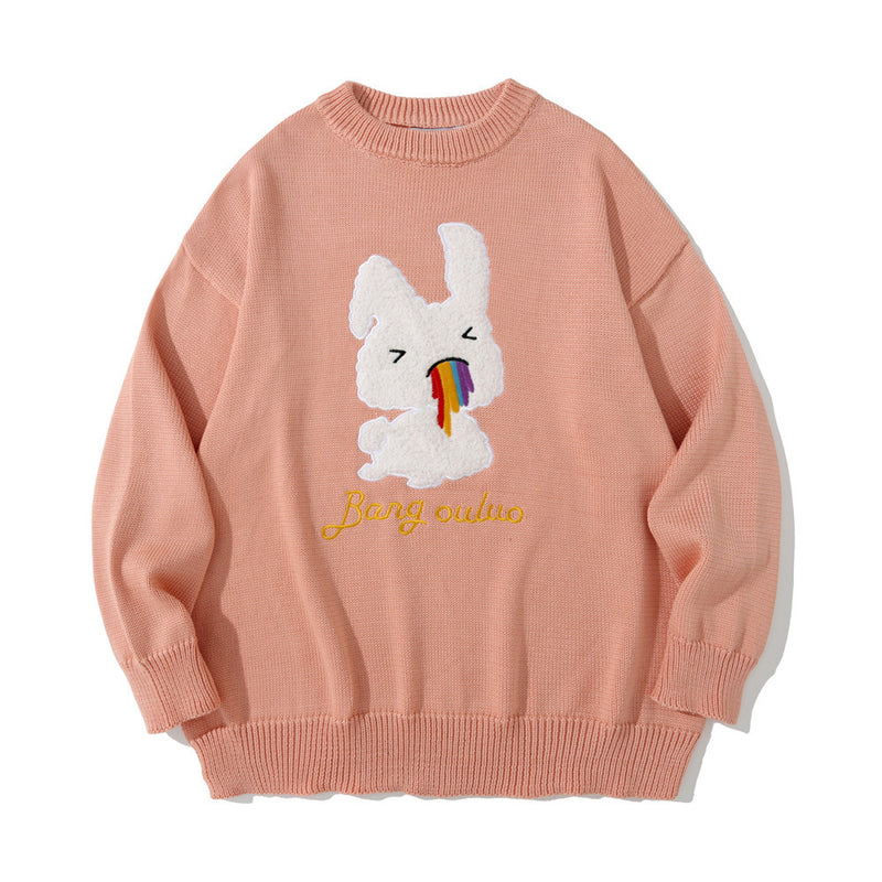 Men Sweater Cartoon Rabbit Embroidered Knitwear Men's Street Trend round Neck Sweater Pullover
