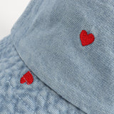 Denim Bucket Hat Fishing Cap Cotton Print Fisherman Hat Red Love Heart Embroidery Vintage Fashion