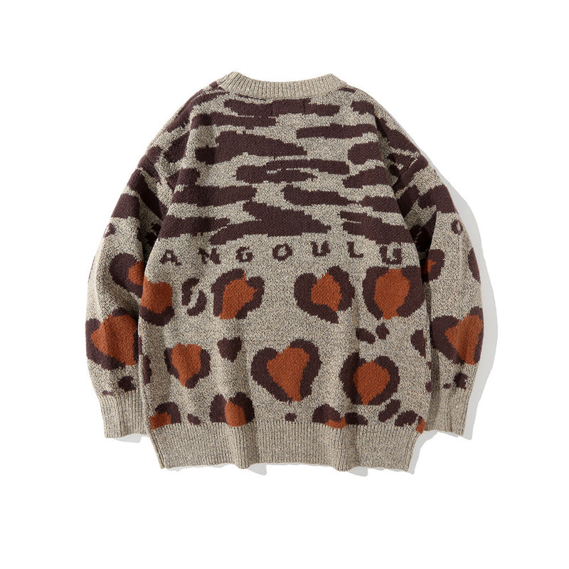 Men Sweater Fashion Brand Leopard Print Knitwear Sweater Men Loose Crew Neck Top