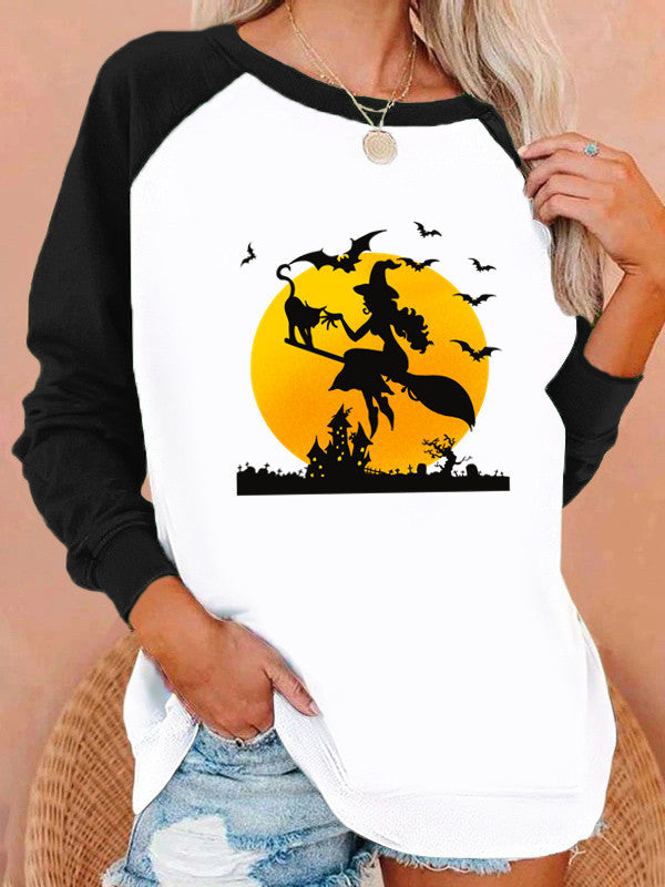 Halloween Costumes Pattern Printing Capless round Neck Contrast Color Sweatshirt Female