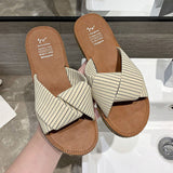 Women Open Toe Sandals Flats Summer Slippers Fashion Outerwear Cross Striped Sandals