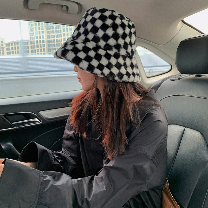 Vintage Check Bucket Hat Black Plaid Plush Warm