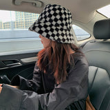 Vintage Check Bucket Hat Black Plaid Plush Warm
