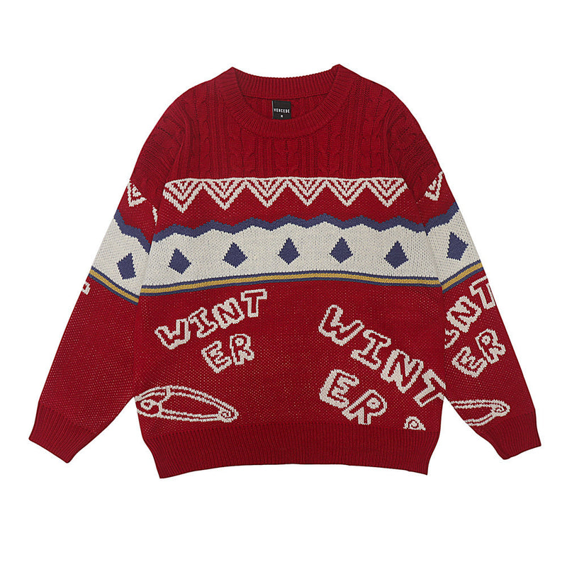 Men Sweater Letter Jacquard Color Matching Knitted Sweater Men's round Neck Sweater