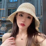 Women Bucket Hat Chain Strap Straw Hat Bow Straw Hat