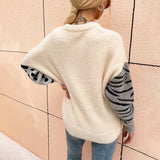 Women Pullover Knit Sweater Women's Clothing Autumn and Winter Contrast Color Leopard-Print Sweater Women
