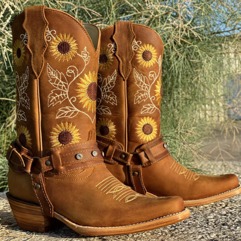Beth Dutton Shoes Autumn and Winter High Brown Embroidery SUNFLOWER round Toe Low-Top Dr. Martens Boots