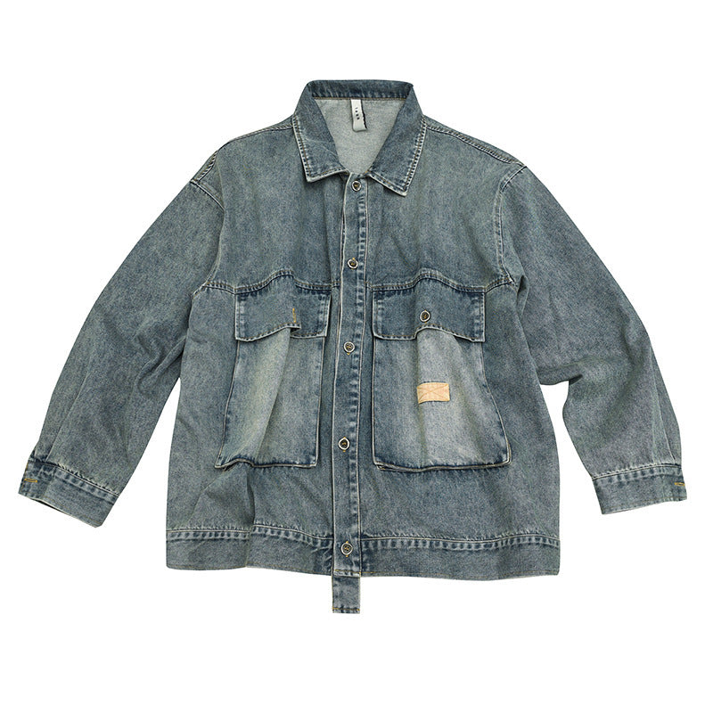 Men Denim Jackets Heavy Industry Lapel Denim Jacket Retro Multi-Pocket Loose