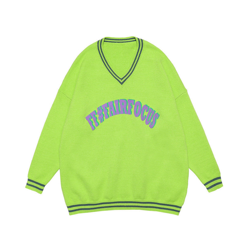 Men Sweater Letter Multicolor Printing Sweater Men's Loose V-neck Sweater Long Sleeve