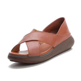 Highway Flat Sandals Summer Thick-Soled Leather Vintage Peep Toe Fashion Platform Height Increasing Wedge Sandals