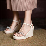 High Heels Slides Summer Ankle-Strap High Heels Pearl Square Toe Wedge Sandals