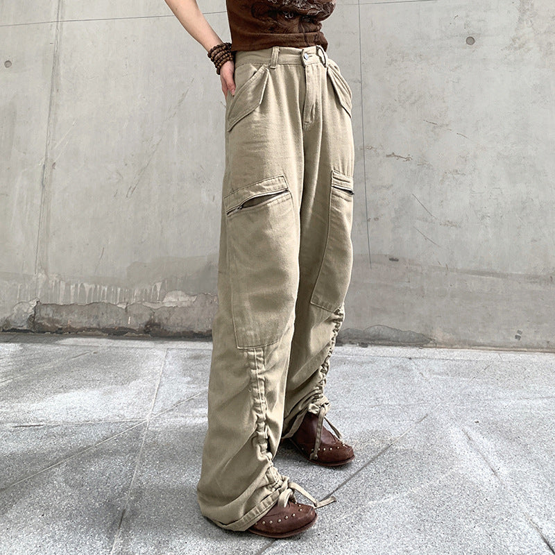 Julia Fox Low Rise Jeans Irregular Leg Drawstring Straight Hot Girl Pure Color All-Matching