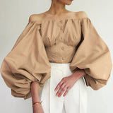 Gloria Vanderbilt Sexy off-the-Shoulder Shirt Long-Sleeved Bubble Sleeve