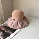 Women Bucket Hat Bowknot Sunshade Hollow-out Straw Hat