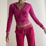 Velour Tracksuit Sports Two-Piece Set Solid Color Velvet Zipper Hooded Jacket Casual Suit
